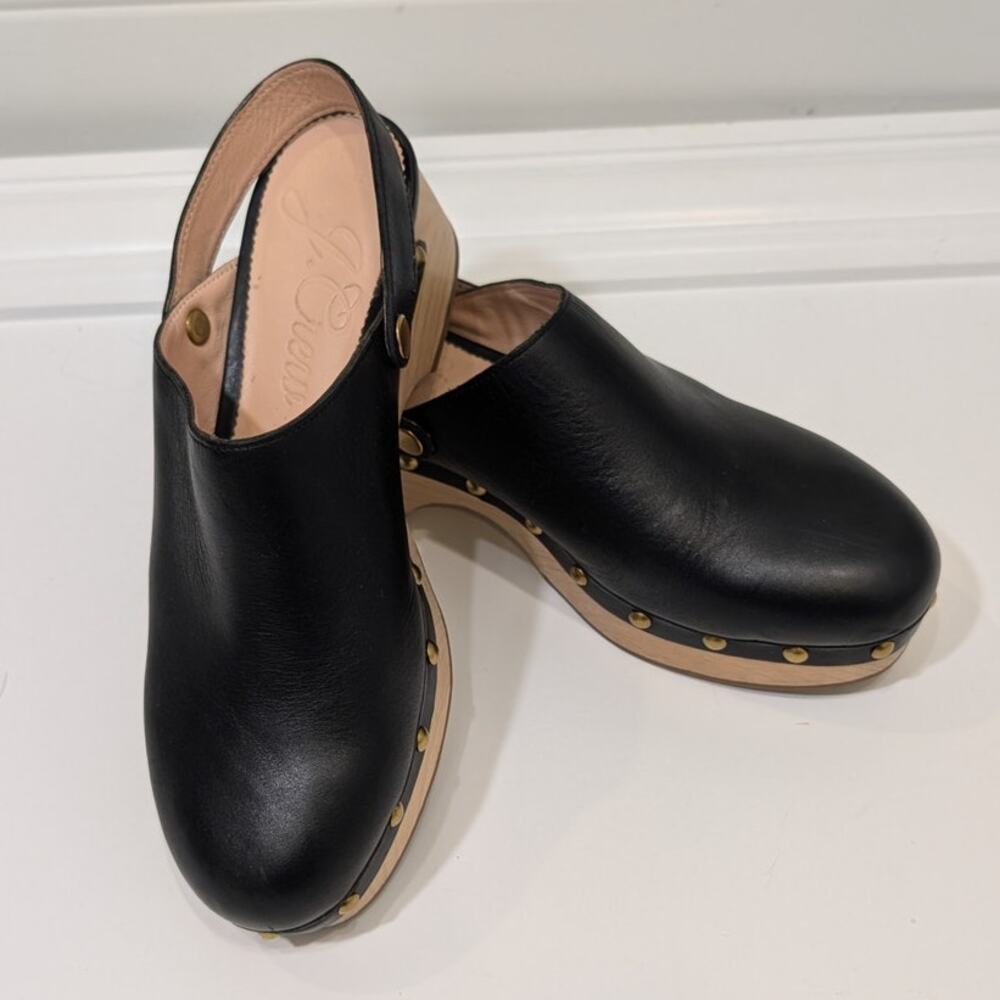 J. Crew Convertible Clogs Black Leather Wood CottageCore Scandigirl - Size 8